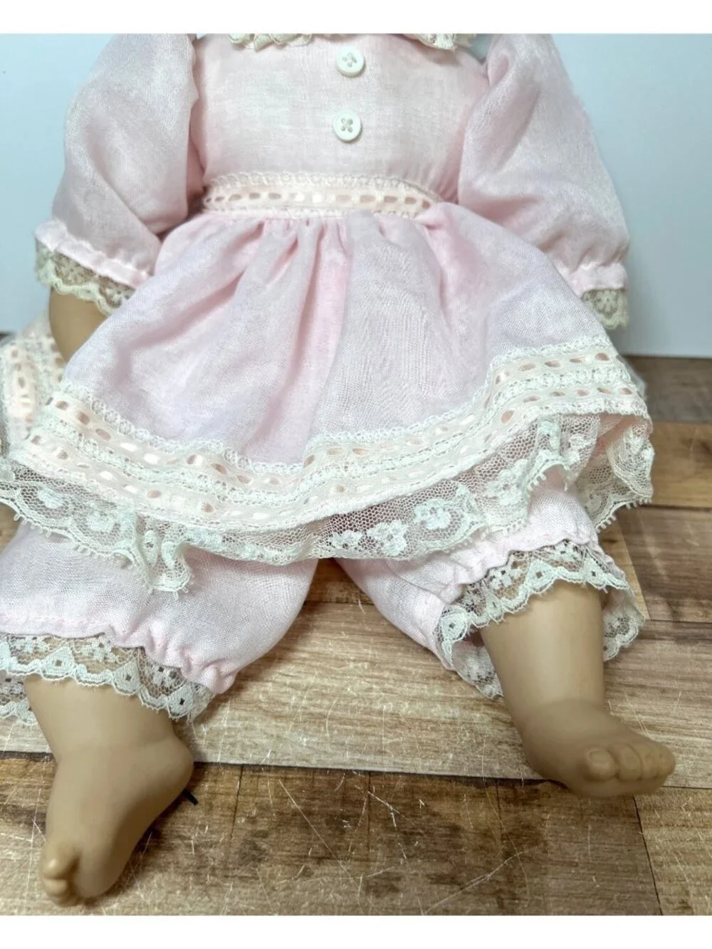 Vintage Porcelain Crying Doll In Pink Lace Dress & Bloomers Curly Blonde Hair - Picture 3 of 6